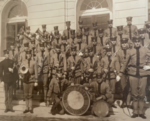 University cadets band in front of Wheeler Hall during 1912